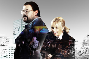 Murder In Successville. Image shows from L to R: DI Sleet (Tom Davis), Emma Bunton. Copyright: Tiger Aspect Productions. Murder In Successville. Image shows from L to R: DI Sleet (Tom Davis), Emma Bunton. Copyright: Tiger Aspect Productions.