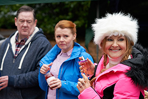 Murder, They Hope. Image shows from L to R: Terry (Johnny Vegas), Gemma (Sian Gibson), Monica (Sarah Hadland). Copyright: Shiny Button Productions. Murder, They Hope. Image shows from L to R: Terry (Johnny Vegas), Gemma (Sian Gibson), Monica (Sarah Hadland). Copyright: Shiny Button Productions.