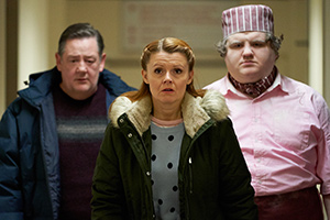 Murder, They Hope. Image shows from L to R: Terry (Johnny Vegas), Gemma (Sian Gibson), Ray (Ethan Lawrence). Copyright: Shiny Button Productions. Murder, They Hope. Image shows from L to R: Terry (Johnny Vegas), Gemma (Sian Gibson), Ray (Ethan Lawrence). Copyright: Shiny Button Productions.