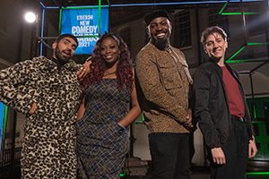 BBC New Comedy Awards. Image shows from L to R: Mawaan Rizwan, Sikisa, Darren Harriott, Sarah Keyworth. Copyright: Phil McIntyre Entertainment. BBC New Comedy Awards. Image shows from L to R: Mawaan Rizwan, Sikisa, Darren Harriott, Sarah Keyworth. Copyright: Phil McIntyre Entertainment.