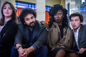 Newsjack. Image shows from L to R: Emma Sidi, Nish Kumar, Vivienne Acheampong, Kieran Hodgson. Copyright: BBC. Newsjack. Image shows from L to R: Emma Sidi, Nish Kumar, Vivienne Acheampong, Kieran Hodgson. Copyright: BBC.