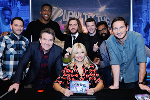 Play To The Whistle. Image shows from L to R: Jon Richardson, Anthony Joshua, Bradley Walsh, Seann Walsh, Holly Willoughby, Kevin Bridges, Romesh Ranganathan, Frank Lampard. Copyright: Hungry Bear Media. Play To The Whistle. Image shows from L to R: Jon Richardson, Anthony Joshua, Bradley Walsh, Seann Walsh, Holly Willoughby, Kevin Bridges, Romesh Ranganathan, Frank Lampard. Copyright: Hungry Bear Media.