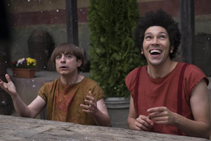 Plebs. Image shows from L to R: Grumio (Ryan Sampson), Stylax (Joel Fry). Plebs. Image shows from L to R: Grumio (Ryan Sampson), Stylax (Joel Fry).