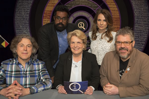 QI. Image shows from L to R: Alan Davies, Romesh Ranganathan, Sandi Toksvig, Cariad Lloyd, Phill Jupitus. Copyright: TalkbackThames. QI. Image shows from L to R: Alan Davies, Romesh Ranganathan, Sandi Toksvig, Cariad Lloyd, Phill Jupitus. Copyright: TalkbackThames.