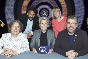 QI. Image shows from L to R: Alan Davies, Nish Kumar, Sandi Toksvig, Holly Walsh, Phill Jupitus. Copyright: TalkbackThames. QI. Image shows from L to R: Alan Davies, Nish Kumar, Sandi Toksvig, Holly Walsh, Phill Jupitus. Copyright: TalkbackThames.