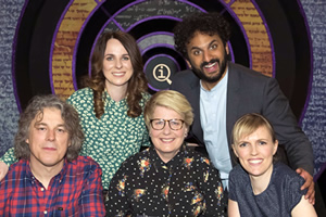 QI. Image shows from L to R: Alan Davies, Cariad Lloyd, Sandi Toksvig, Nish Kumar, Holly Walsh. Copyright: TalkbackThames. QI. Image shows from L to R: Alan Davies, Cariad Lloyd, Sandi Toksvig, Nish Kumar, Holly Walsh. Copyright: TalkbackThames.