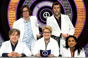 QI. Image shows from L to R: Alan Davies, Ed Byrne, Sandi Toksvig, Rhod Gilbert, Sindhu Vee. Copyright: TalkbackThames. QI. Image shows from L to R: Alan Davies, Ed Byrne, Sandi Toksvig, Rhod Gilbert, Sindhu Vee. Copyright: TalkbackThames.