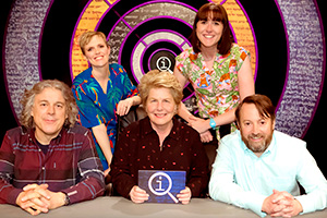 QI. Image shows from L to R: Alan Davies, Holly Walsh, Sandi Toksvig, Maisie Adam, David Mitchell. QI. Image shows from L to R: Alan Davies, Holly Walsh, Sandi Toksvig, Maisie Adam, David Mitchell.
