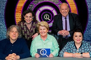 QI. Image shows from L to R: Alan Davies, Jessica Fostekew, Sandi Toksvig, Gyles Brandreth, Susan Calman. QI. Image shows from L to R: Alan Davies, Jessica Fostekew, Sandi Toksvig, Gyles Brandreth, Susan Calman.