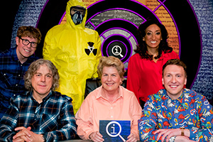 QI. Image shows from L to R: Josh Widdicombe, Alan Davies, Sandi Toksvig, Shazia Mirza, Joe Lycett. QI. Image shows from L to R: Josh Widdicombe, Alan Davies, Sandi Toksvig, Shazia Mirza, Joe Lycett.