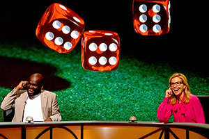 QI. Image shows from L to R: Daliso Chaponda, Sally Phillips. QI. Image shows from L to R: Daliso Chaponda, Sally Phillips.