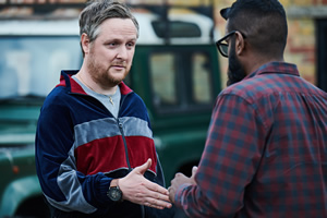 The Reluctant Landlord. Image shows from L to R: Tommy (Tim Key), Romesh (Romesh Ranganathan). Copyright: What Larks Productions. The Reluctant Landlord. Image shows from L to R: Tommy (Tim Key), Romesh (Romesh Ranganathan). Copyright: What Larks Productions.