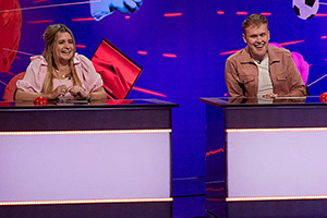 Rob Beckett's Undeniable. Image shows from L to R: Harriet Kemsley, Josh Jones. Copyright: Monkey Kingdom. Rob Beckett's Undeniable. Image shows from L to R: Harriet Kemsley, Josh Jones. Copyright: Monkey Kingdom.