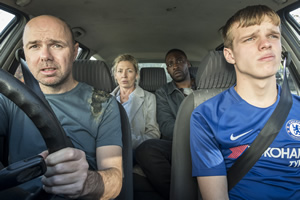 Sick Of It. Image shows from L to R: Karl (Karl Pilkington), Zoe (Kate Ashfield), Gregg (Emmanuel Ighodaro), Dylan (Finn Bennett). Sick Of It. Image shows from L to R: Karl (Karl Pilkington), Zoe (Kate Ashfield), Gregg (Emmanuel Ighodaro), Dylan (Finn Bennett).