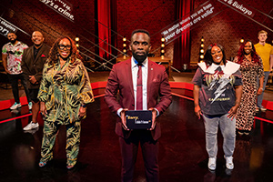 Sorry, I Didn't Know. Image shows from L to R: Humza Arshad, Curtis Walker, Chizzy Akudolu, Jimmy Akingbola, Judi Love, Sikisa, James Acaster. Copyright: Triforce Productions. Sorry, I Didn't Know. Image shows from L to R: Humza Arshad, Curtis Walker, Chizzy Akudolu, Jimmy Akingbola, Judi Love, Sikisa, James Acaster. Copyright: Triforce Productions.