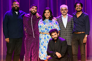 The Big Asian Stand-Up. Image shows from L to R: Sunil Patel, Mawaan Rizwan, Sukh Ojla, Nish Kumar, Mark Silcox, Ahir Shah. Copyright: BBC. The Big Asian Stand-Up. Image shows from L to R: Sunil Patel, Mawaan Rizwan, Sukh Ojla, Nish Kumar, Mark Silcox, Ahir Shah. Copyright: BBC.