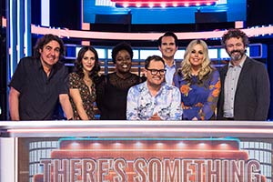 There's Something About Movies. Image shows from L to R: Micky Flanagan, Jessica Brown Findlay, Lolly Adefope, Alan Carr, Jimmy Carr, Roisin Conaty, Michael Sheen. Copyright: CPL Productions. There's Something About Movies. Image shows from L to R: Micky Flanagan, Jessica Brown Findlay, Lolly Adefope, Alan Carr, Jimmy Carr, Roisin Conaty, Michael Sheen. Copyright: CPL Productions.