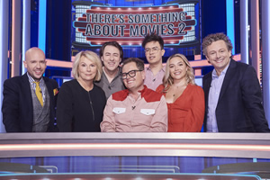 There's Something About Movies. Image shows from L to R: Tom Allen, Jennifer Saunders, Jonathan Ross, Alan Carr, Phil Wang, Florence Pugh, Michael Sheen. There's Something About Movies. Image shows from L to R: Tom Allen, Jennifer Saunders, Jonathan Ross, Alan Carr, Phil Wang, Florence Pugh, Michael Sheen.