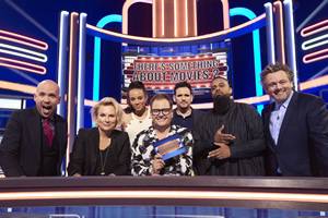 There's Something About Movies. Image shows from L to R: Tom Allen, Jennifer Saunders, Hannah John-Kamen, Alan Carr, Matt Dillon, Guz Khan, Michael Sheen. There's Something About Movies. Image shows from L to R: Tom Allen, Jennifer Saunders, Hannah John-Kamen, Alan Carr, Matt Dillon, Guz Khan, Michael Sheen.