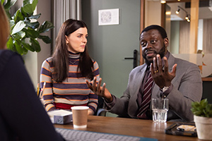 This Way Up. Image shows from L to R: Aine (Aisling Bea), James (Ekow Quartey). Copyright: Merman. This Way Up. Image shows from L to R: Aine (Aisling Bea), James (Ekow Quartey). Copyright: Merman.