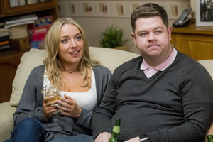 Two Doors Down. Image shows from L to R: Michelle (Joy McAvoy), Alan (Graeme Stevely). Copyright: BBC. Two Doors Down. Image shows from L to R: Michelle (Joy McAvoy), Alan (Graeme Stevely). Copyright: BBC.
