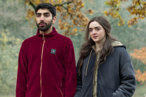 Two Weeks To Live. Image shows from L to R: Nicky (Mawaan Rizwan), Kim Noakes (Maisie Williams). Copyright: Kudos Productions. Two Weeks To Live. Image shows from L to R: Nicky (Mawaan Rizwan), Kim Noakes (Maisie Williams). Copyright: Kudos Productions.