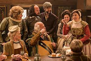 Upstart Crow. Image shows from L to R: Mary Arden (Paula Wilcox), Anne Hathaway (Liza Tarbuck), Will Shakespeare (David Mitchell), John Shakespeare (Harry Enfield), Bottom (Rob Rouse), Susanna (Helen Monks), Kate (Gemma Whelan), Hamnet (Joe Willis). Copyright: BBC. Upstart Crow. Image shows from L to R: Mary Arden (Paula Wilcox), Anne Hathaway (Liza Tarbuck), Will Shakespeare (David Mitchell), John Shakespeare (Harry Enfield), Bottom (Rob Rouse), Susanna (Helen Monks), Kate (Gemma Whelan), Hamnet (Joe Willis). Copyright: BBC.