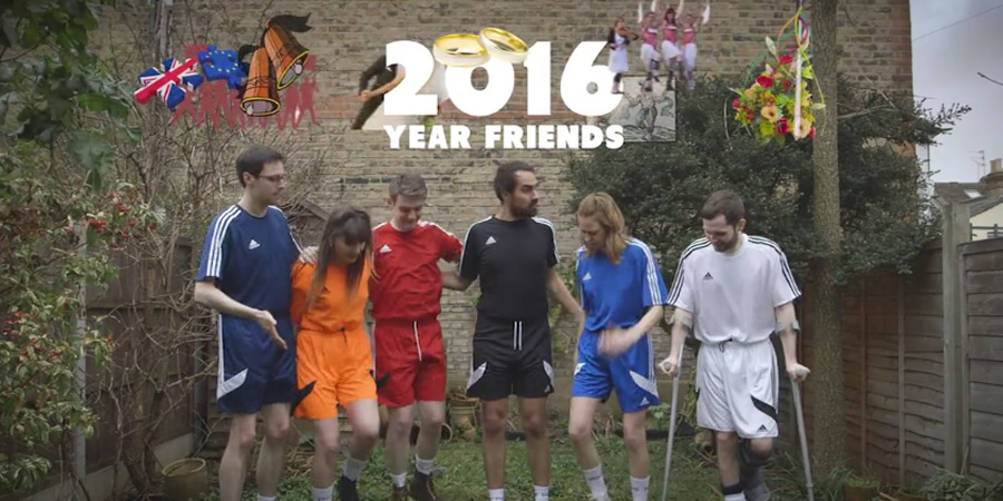 2016: Year Friends. Image shows from L to R: Al (Al Roberts), Tash (Natasia Demetriou), Jonno (Daran Johnson), Jamie (Jamie Demetriou), Ellie (Ellie White), Liam (Liam Williams). 2016: Year Friends. Image shows from L to R: Al (Al Roberts), Tash (Natasia Demetriou), Jonno (Daran Johnson), Jamie (Jamie Demetriou), Ellie (Ellie White), Liam (Liam Williams).