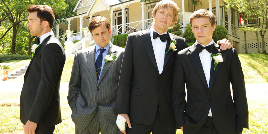A Few Best Men. Image shows from L to R: Luke (Tim Draxl), Graham (Kevin Bishop), Tom (Kris Marshall), David (Xavier Samuel). A Few Best Men. Image shows from L to R: Luke (Tim Draxl), Graham (Kevin Bishop), Tom (Kris Marshall), David (Xavier Samuel).
