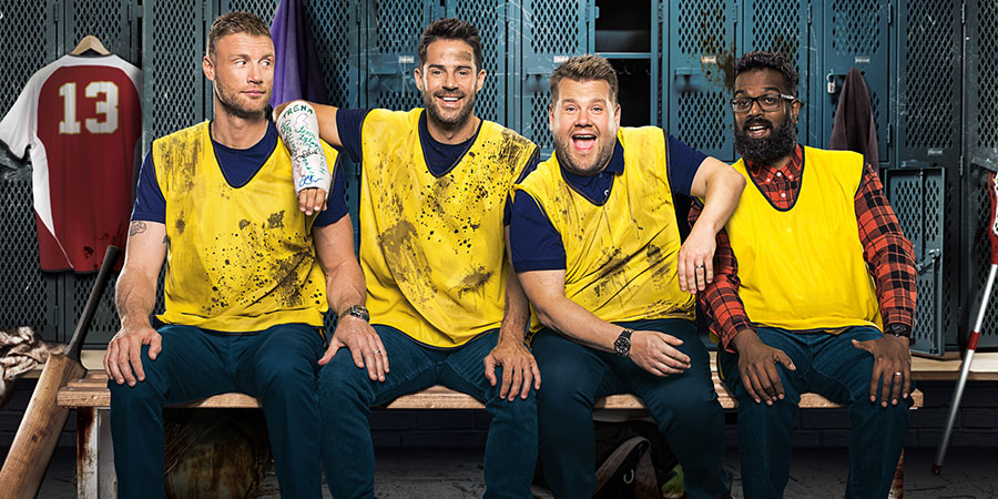 A League Of Their Own. Image shows from L to R: Andrew Flintoff, Jamie Redknapp, James Corden, Romesh Ranganathan. Copyright: CPL Productions. A League Of Their Own. Image shows from L to R: Andrew Flintoff, Jamie Redknapp, James Corden, Romesh Ranganathan. Copyright: CPL Productions.
