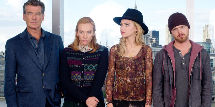 A Long Way Down. Image shows from L to R: Martin Sharp (Pierce Brosnan), Maureen (Toni Collette), Jess Crichton (Imogen Poots), J.J. (Aaron Paul). A Long Way Down. Image shows from L to R: Martin Sharp (Pierce Brosnan), Maureen (Toni Collette), Jess Crichton (Imogen Poots), J.J. (Aaron Paul).