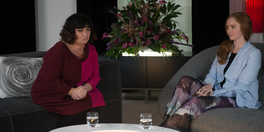 Absolutely Fabulous: The Movie. Image shows from L to R: Interviewer (Dawn French), Lily Cole. Copyright: BBC Films / 20th Century Fox Home Entertainment. Absolutely Fabulous: The Movie. Image shows from L to R: Interviewer (Dawn French), Lily Cole. Copyright: BBC Films / 20th Century Fox Home Entertainment.