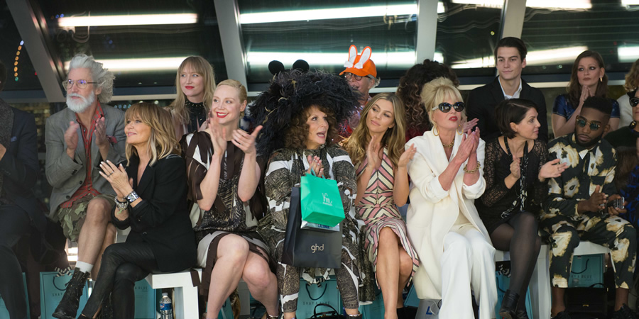 Absolutely Fabulous: The Movie. Image shows from L to R: Jennifer Saunders, Joanna Lumley, Gwendoline Christie, Lulu, Abbey Clancy, Tinie Tempah. Copyright: BBC Films / 20th Century Fox Home Entertainment. Absolutely Fabulous: The Movie. Image shows from L to R: Jennifer Saunders, Joanna Lumley, Gwendoline Christie, Lulu, Abbey Clancy, Tinie Tempah. Copyright: BBC Films / 20th Century Fox Home Entertainment.