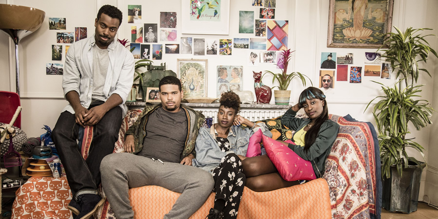 Ackee & Saltfish. Image shows from L to R: Femi (Akemnji Ndifornyen), Robert (Kola Bokinni), Olivia (Michelle O Tiwo), Rachel (Vanessa Babirye). Copyright: BBC. Ackee & Saltfish. Image shows from L to R: Femi (Akemnji Ndifornyen), Robert (Kola Bokinni), Olivia (Michelle O Tiwo), Rachel (Vanessa Babirye). Copyright: BBC.