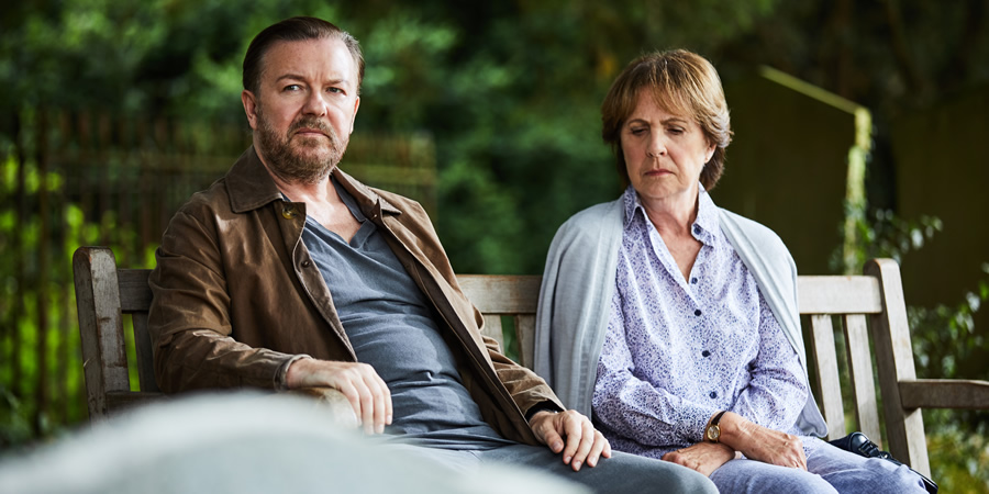 After Life. Image shows from L to R: Tony (Ricky Gervais), Anne (Penelope Wilton). Copyright: Derek Productions. After Life. Image shows from L to R: Tony (Ricky Gervais), Anne (Penelope Wilton). Copyright: Derek Productions.