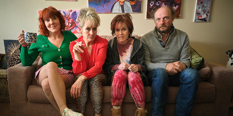 Alma's Not Normal. Image shows from L to R: Alma Nuthall (Sophie Willan), Joan (Lorraine Ashbourne), Lin (Siobhan Finneran), Jim (Nicholas Asbury). Copyright: Expectation Entertainment. Alma's Not Normal. Image shows from L to R: Alma Nuthall (Sophie Willan), Joan (Lorraine Ashbourne), Lin (Siobhan Finneran), Jim (Nicholas Asbury). Copyright: Expectation Entertainment.