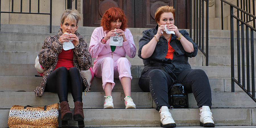Alma's Not Normal. Image shows from L to R: Joan (Lorraine Ashbourne), Alma Nuthall (Sophie Willan), Leanne (Jayde Adams). Copyright: Expectation Entertainment. Alma's Not Normal. Image shows from L to R: Joan (Lorraine Ashbourne), Alma Nuthall (Sophie Willan), Leanne (Jayde Adams). Copyright: Expectation Entertainment.