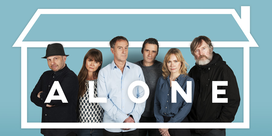 Alone. Image shows from L to R: Morris (Bennett Arron), Louisa (Kate Isitt), Mitch (Angus Deayton), Rob (Alastair Mackenzie), Ellie (Abigail Cruttenden), Will (Pearce Quigley). Copyright: ABsoLuTeLy Productions. Alone. Image shows from L to R: Morris (Bennett Arron), Louisa (Kate Isitt), Mitch (Angus Deayton), Rob (Alastair Mackenzie), Ellie (Abigail Cruttenden), Will (Pearce Quigley). Copyright: ABsoLuTeLy Productions.