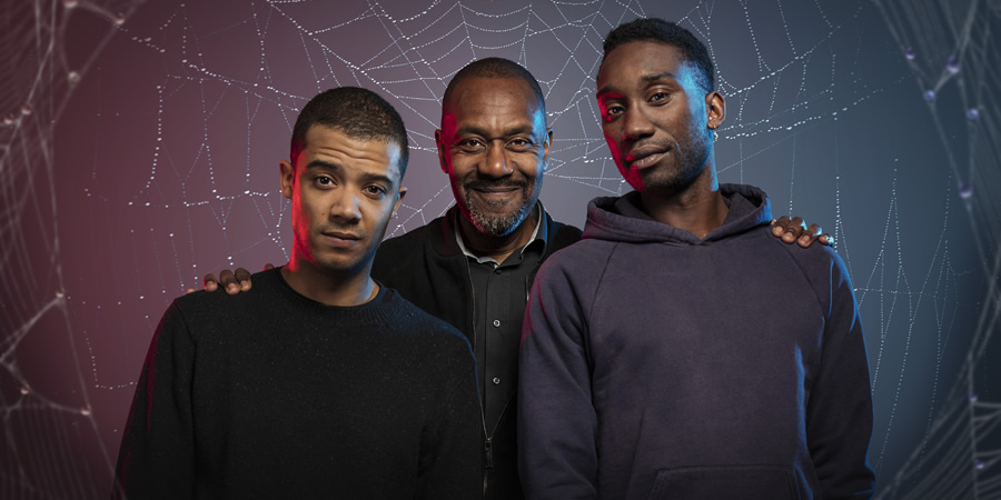 Anansi Boys. Image shows from L to R: Charlie (Jacob Anderson), Mr Nancy (Lenny Henry), Spider (Nathan Stewart-Jarrett). Copyright: BBC. Anansi Boys. Image shows from L to R: Charlie (Jacob Anderson), Mr Nancy (Lenny Henry), Spider (Nathan Stewart-Jarrett). Copyright: BBC.