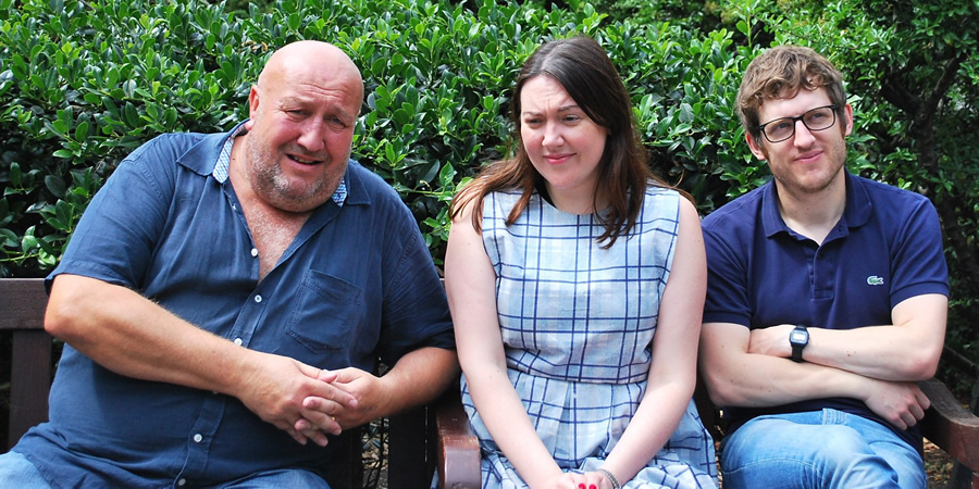 Ankle Tag. Image shows from L to R: Bob (Steve Speirs), Alice (Katy Wix), Gruff (Elis James). Copyright: BBC. Ankle Tag. Image shows from L to R: Bob (Steve Speirs), Alice (Katy Wix), Gruff (Elis James). Copyright: BBC.