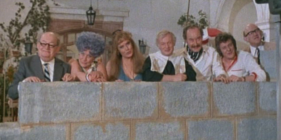 Are You Being Served?. Image shows from L to R: Mr. Ernest Grainger (Arthur Brough), Mrs. Betty Slocombe (Mollie Sugden), Miss Shirley Brahms (Wendy Richard), Mr. Wilberforce Clayborne Humphries (John Inman), Captain Stephen Peacock (Frank Thornton), Mr. Dick Lucas (Trevor Bannister), Mr. Cuthbert Rumbold (Nicholas Smith). Copyright: Anglo-EMI. Are You Being Served?. Image shows from L to R: Mr. Ernest Grainger (Arthur Brough), Mrs. Betty Slocombe (Mollie Sugden), Miss Shirley Brahms (Wendy Richard), Mr. Wilberforce Clayborne Humphries (John Inman), Captain Stephen Peacock (Frank Thornton), Mr. Dick Lucas (Trevor Bannister), Mr. Cuthbert Rumbold (Nicholas Smith). Copyright: Anglo-EMI.
