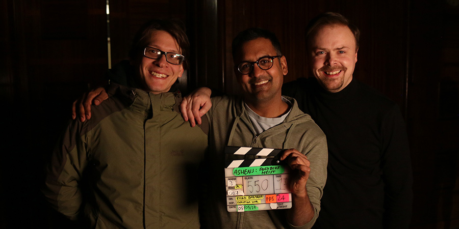 Ashens And The Polybius Heist. Image shows from L to R: Christian Mario Lohr, Riyad Barmania, Ashens (Stuart Ashen). Ashens And The Polybius Heist. Image shows from L to R: Christian Mario Lohr, Riyad Barmania, Ashens (Stuart Ashen).