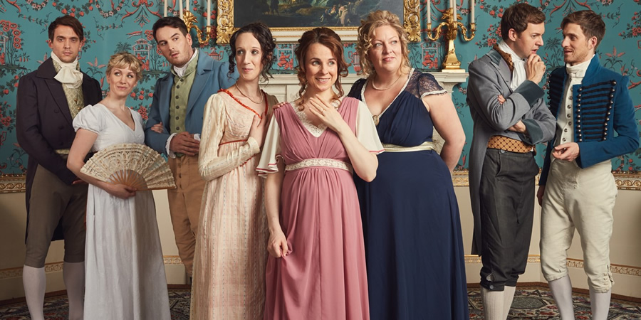 Austentatious. Image shows from L to R: Graham Dickson, Rachel Parris, Daniel Nils Roberts, Charlotte Gittins, Cariad Lloyd, Amy Cooke-Hodgson, Andrew Hunter Murray, Joseph Morpurgo, Austentatious. Austentatious. Image shows from L to R: Graham Dickson, Rachel Parris, Daniel Nils Roberts, Charlotte Gittins, Cariad Lloyd, Amy Cooke-Hodgson, Andrew Hunter Murray, Joseph Morpurgo, Austentatious.
