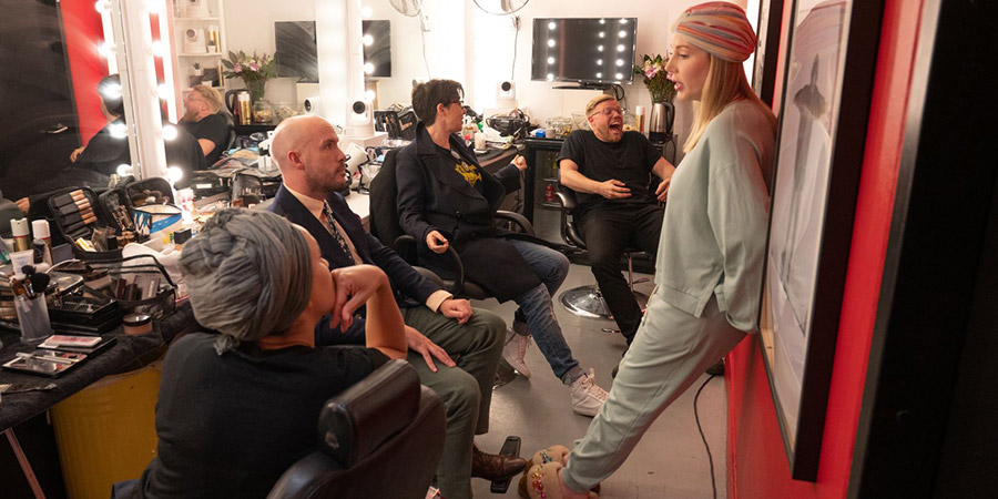 Backstage With Katherine Ryan. Image shows from L to R: Katherine Ryan, Tom Allen, Sue Perkins, Rob Beckett. Copyright: Expectation Entertainment. Backstage With Katherine Ryan. Image shows from L to R: Katherine Ryan, Tom Allen, Sue Perkins, Rob Beckett. Copyright: Expectation Entertainment.