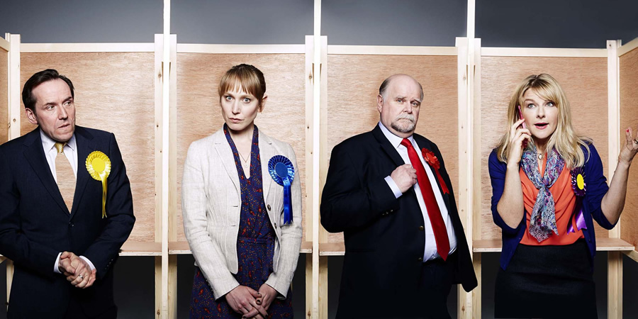 Ballot Monkeys. Image shows from L to R: Kevin Sturridge (Ben Miller), Siobhan Hope (Hattie Morahan), Jack Pardew (Trevor Cooper), Kate Standen (Sarah Hadland). Copyright: Hat Trick Productions. Ballot Monkeys. Image shows from L to R: Kevin Sturridge (Ben Miller), Siobhan Hope (Hattie Morahan), Jack Pardew (Trevor Cooper), Kate Standen (Sarah Hadland). Copyright: Hat Trick Productions.