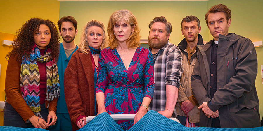 Beep. Image shows from L to R: Becks (Lois Chimimba), Dr Roy (Bhav Joshi), Hannah (Victoria Balnaves), Liz (Siobhan Redmond), Martin (Grant O'Rourke), Nigel (Kevin O'Loughlin), Father Sydney (Paul Higgins). Copyright: Happy Tramp Productions. Beep. Image shows from L to R: Becks (Lois Chimimba), Dr Roy (Bhav Joshi), Hannah (Victoria Balnaves), Liz (Siobhan Redmond), Martin (Grant O'Rourke), Nigel (Kevin O'Loughlin), Father Sydney (Paul Higgins). Copyright: Happy Tramp Productions.