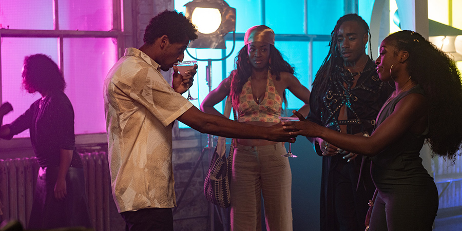 Big Age. Image shows from L to R: Zeke (Michael Workeye), Dela (Racheal Ofori), Pharoah (Busola Peters), Ṣadé (Ronke Adekoluejo). Copyright: Tiger Aspect Productions. Big Age. Image shows from L to R: Zeke (Michael Workeye), Dela (Racheal Ofori), Pharoah (Busola Peters), Ṣadé (Ronke Adekoluejo). Copyright: Tiger Aspect Productions.