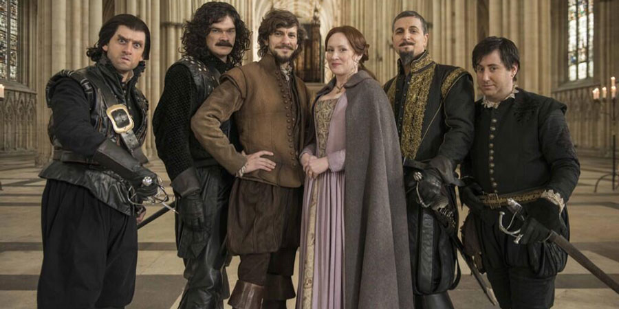 Bill. Image shows from L to R: Lope Lopez (Laurence Rickard), Juan Domingo (Simon Farnaby), Bill Shakespeare (Mathew Baynton), Anne Hathaway (Martha Howe-Douglas), King Philip II of Spain (Ben Willbond), Gabriel Montoya (Jim Howick). Copyright: BBC Films / Cowboy Films. Bill. Image shows from L to R: Lope Lopez (Laurence Rickard), Juan Domingo (Simon Farnaby), Bill Shakespeare (Mathew Baynton), Anne Hathaway (Martha Howe-Douglas), King Philip II of Spain (Ben Willbond), Gabriel Montoya (Jim Howick). Copyright: BBC Films / Cowboy Films.