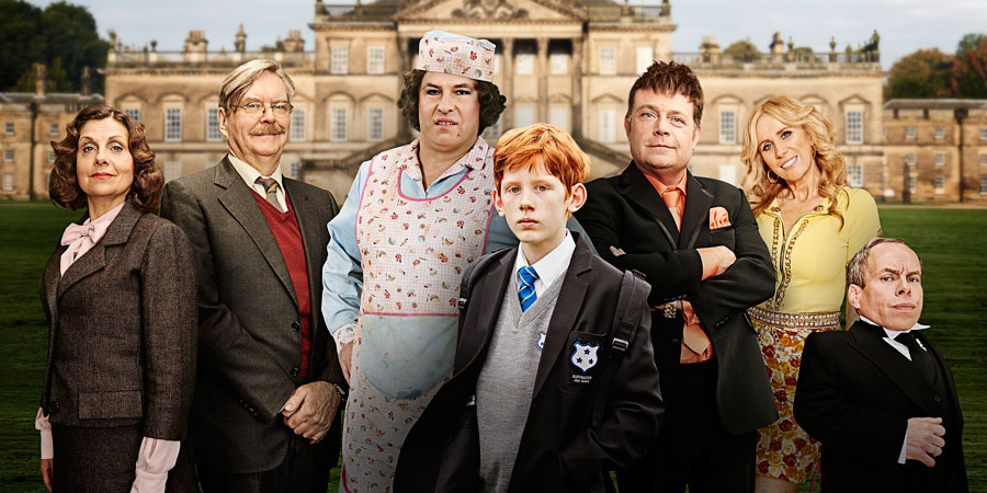Billionaire Boy. Image shows from L to R: Miss Sharpe (Rebecca Front), Mr Darrow (James Fleet), Mrs. Trafe (David Walliams), Joe Spud (Elliot Sprakes), Len Spud (John Thomson), Sapphire Diamond (Catherine Tate), Warwick Davis. Copyright: King Bert Productions. Billionaire Boy. Image shows from L to R: Miss Sharpe (Rebecca Front), Mr Darrow (James Fleet), Mrs. Trafe (David Walliams), Joe Spud (Elliot Sprakes), Len Spud (John Thomson), Sapphire Diamond (Catherine Tate), Warwick Davis. Copyright: King Bert Productions.