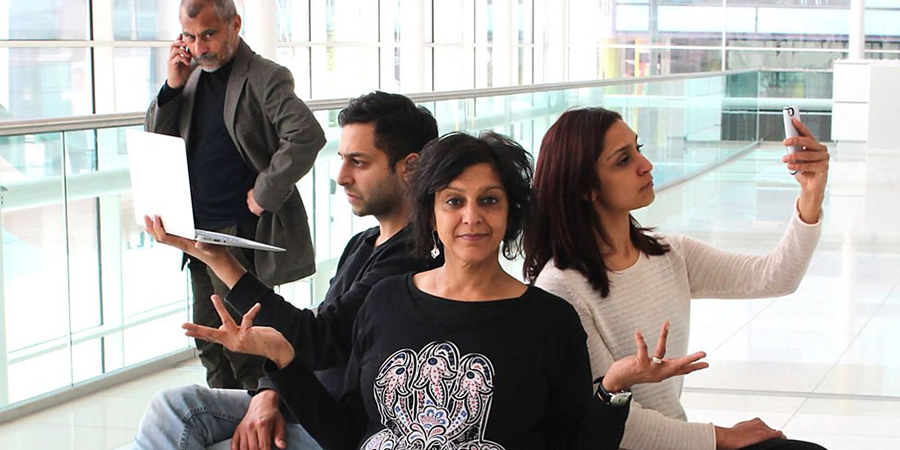Bindi Business. Image shows from L to R: Uncle Bash (Vincent Ebrahim), Raj (Chris Nayak), Bindi (Meera Syal), Anu (Krupa Pattani). Copyright: BBC. Bindi Business. Image shows from L to R: Uncle Bash (Vincent Ebrahim), Raj (Chris Nayak), Bindi (Meera Syal), Anu (Krupa Pattani). Copyright: BBC.